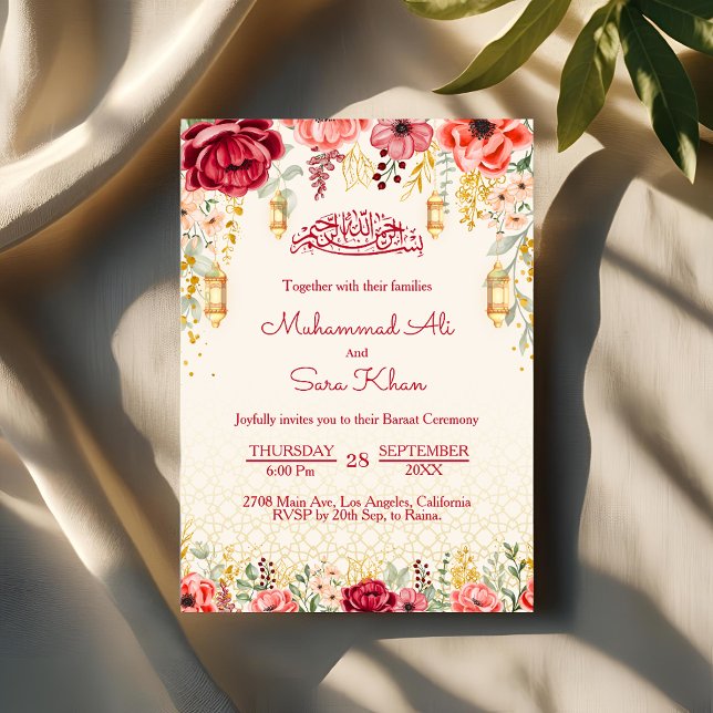 Minimal Floral Baraat Red Muslim Wedding Nikkah Invitation (Creator Uploaded)