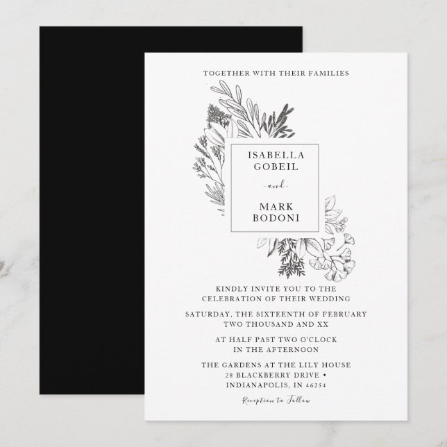 Minimal Floral Black & White Wedding Invitation (Front/Back)
