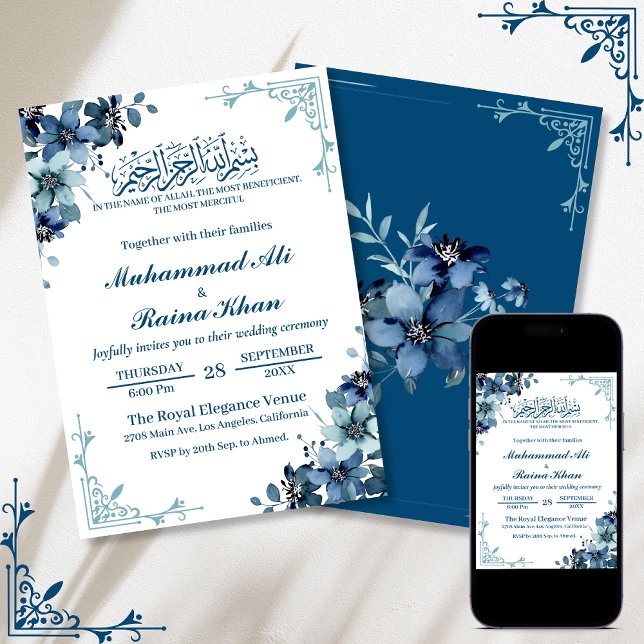 Minimal Floral Blue White Bismillah Wedding Invitation (Creator Uploaded)