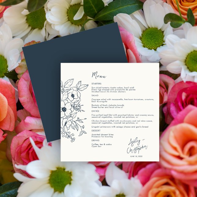 Minimal Floral Botanica Navy Blue on White Wedding Menu (Creator Uploaded)
