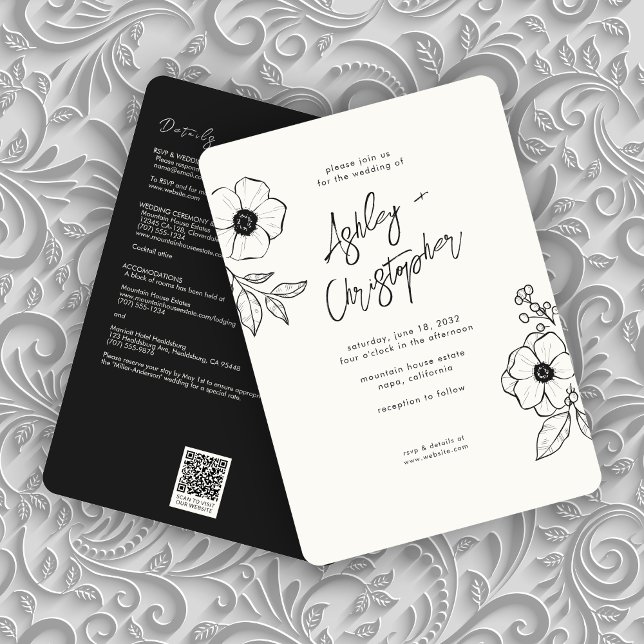 Minimal Floral Botanical Black All-in-One Wedding Invitation (Creator Uploaded)