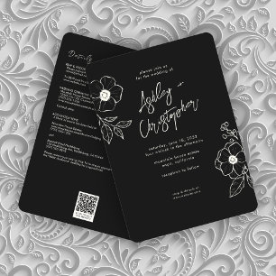 Minimal Floral Botanical Black All-in-One Wedding Invitation
