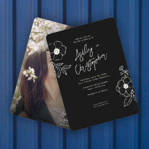 Minimal Floral Botanical Black Noir Photo Wedding Invitation