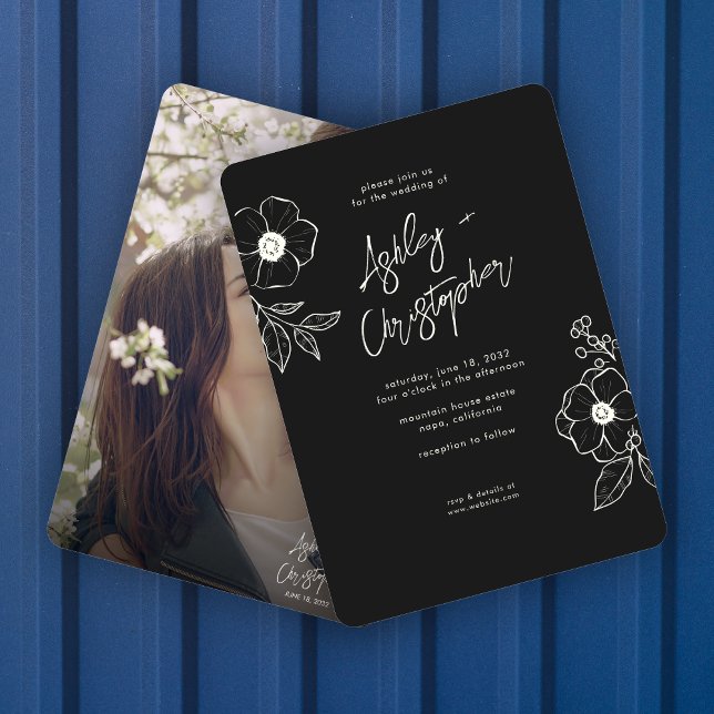 Minimal Floral Botanical Black Noir Photo Wedding Invitation (Creator Uploaded)