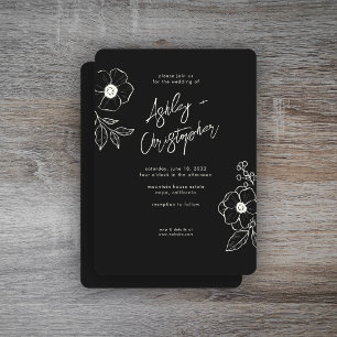 Minimal Floral Botanical Black Noir Wedding Invitation