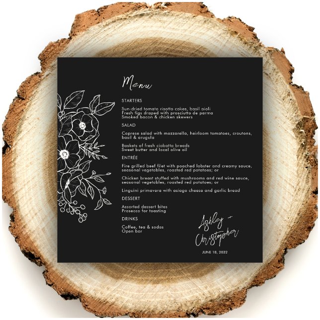 Minimal Floral Botanical Black Noir Wedding Menu (Creator Uploaded)