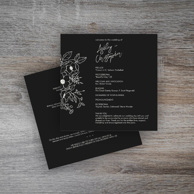 Minimal Floral Botanical Black Noir Wedding Programme (Creator Uploaded)