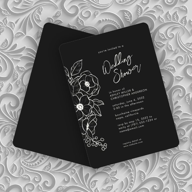 Minimal Floral Botanical Black Noir Wedding Shower Invitation (Creator Uploaded)