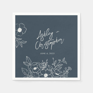 Minimal Floral Botanical Blue Wedding Cocktail Napkin