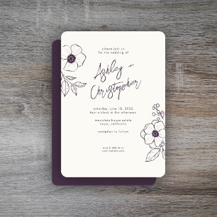 Minimal Floral Botanical Eggplant Purple Wedding Invitation