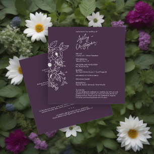 Minimal Floral Botanical Eggplant Purple Wedding Programme