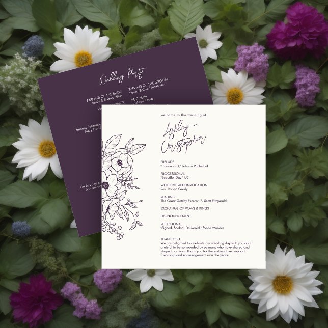 Minimal Floral Botanical Eggplant Purple Wedding Programme (Creator Uploaded)