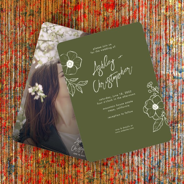Minimal Floral Botanical Moss Green Photo Wedding Invitation (Creator Uploaded)