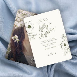 Minimal Floral Botanical Moss Green Photo Wedding Invitation