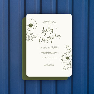 Minimal Floral Botanical Moss Green Wedding Invitation