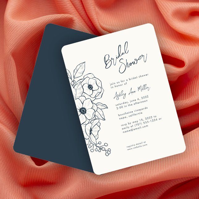 Minimal Floral Botanical Navy Blue Bridal Shower Invitation (Creator Uploaded)