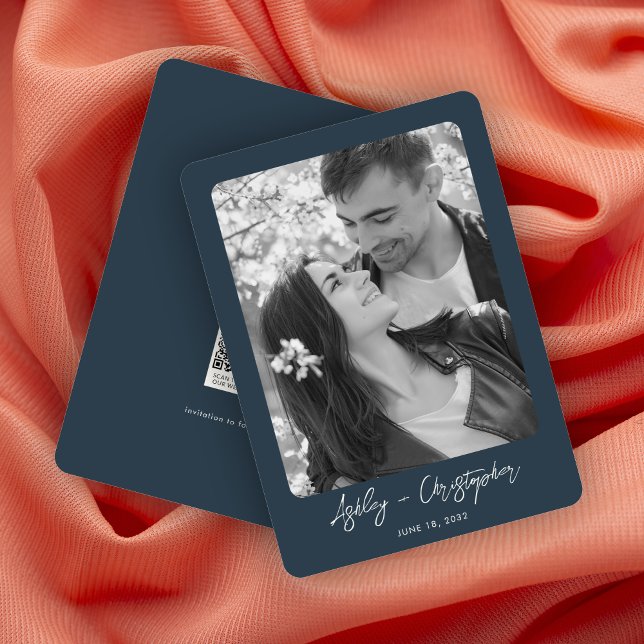 Minimal Floral Botanical Navy Blue Photo Wedding Save The Date (Creator Uploaded)