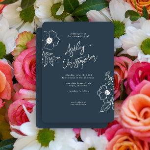 Minimal Floral Botanical Navy Blue Wedding Invitation