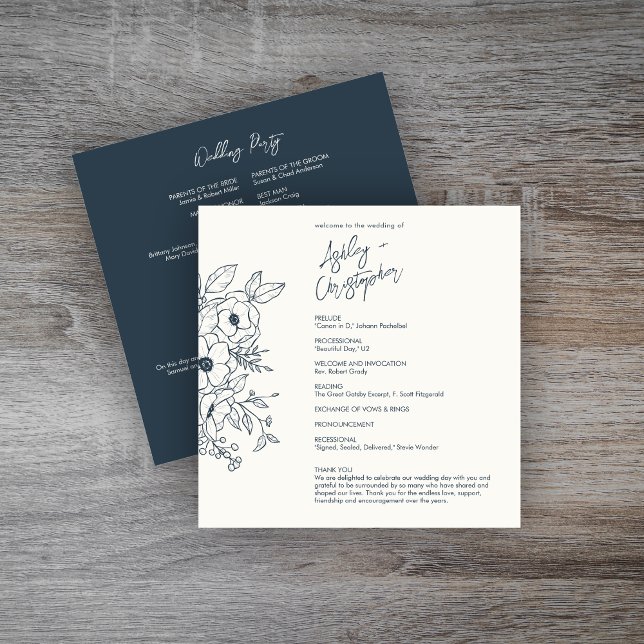 Minimal Floral Botanical Navy Blue Wedding Programme (Creator Uploaded)
