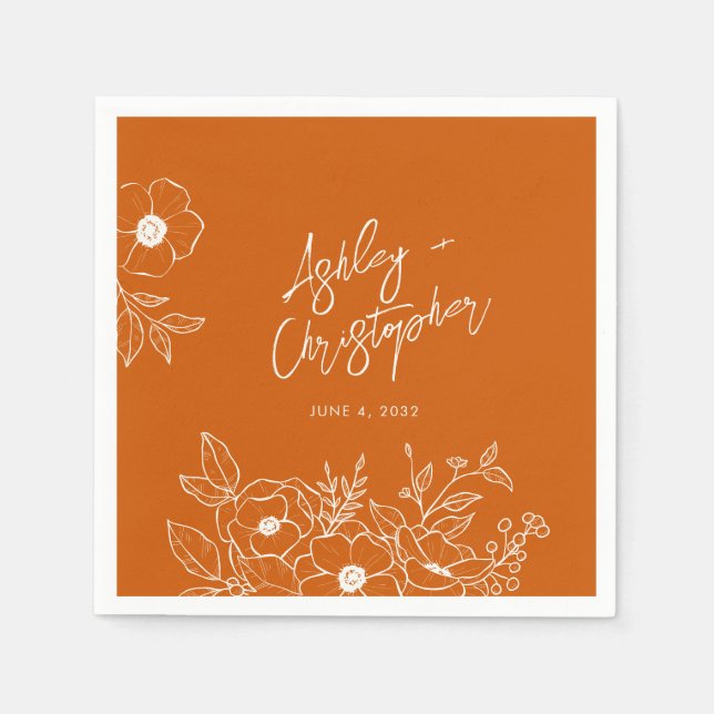 Minimal Floral Botanical Orange Wedding Cocktail Napkin (Front)