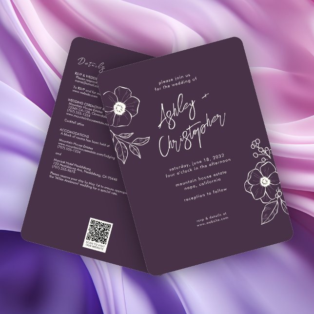 Minimal Floral Botanical Purple All-in-One Wedding Invitation (Creator Uploaded)