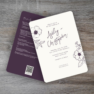 Minimal Floral Botanical Purple All-in-One Wedding Invitation