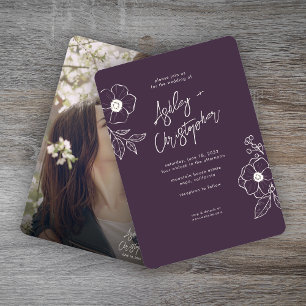 Minimal Floral Botanical Purple Photo Wedding Invitation