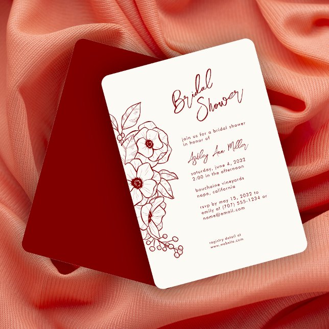 Minimal Floral Botanical Ruby Red Bridal Shower Invitation (Creator Uploaded)