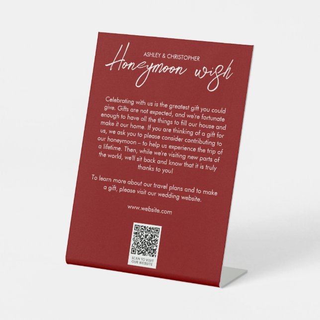 Minimal Floral Botanical Ruby Red Honeymoon Fund Pedestal Sign (Front)