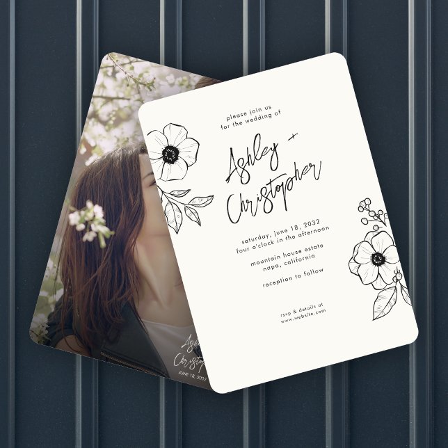 Minimal Floral Botanical White Photo Wedding Invitation (Creator Uploaded)