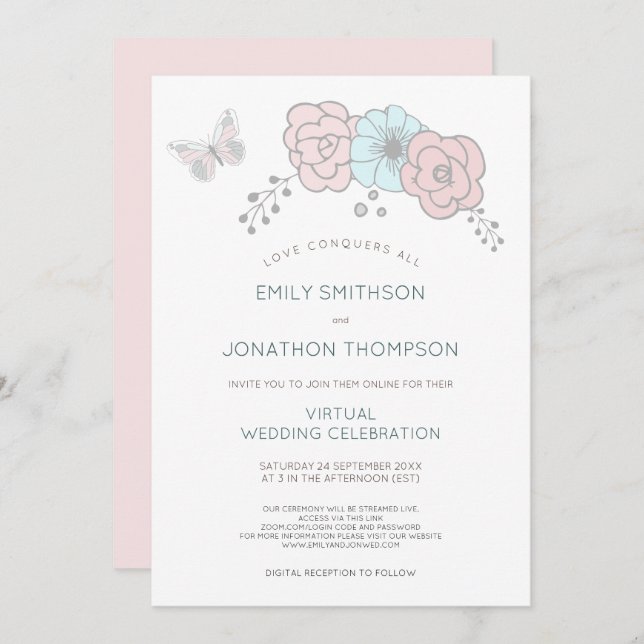 Minimal Floral Butterfly Blue Pink Virtual Wedding Invitation (Front/Back)