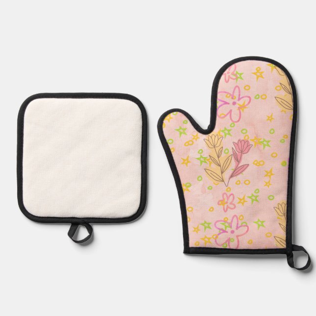 Minimal Floral Doodle Pattern –Pastel Pink pattern Oven Mitt & Pot Holder Set (Front)