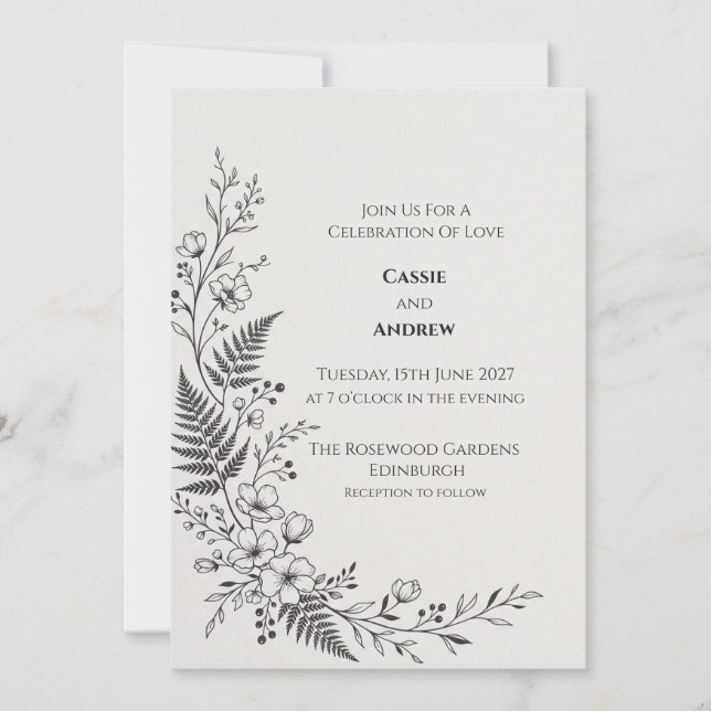 Minimal Floral Fern Line Art Wedding Invitation (Front)