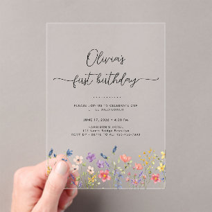 Minimal Floral First Birthday Acrylic Invitation