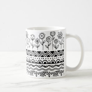 Minimal Floral Folk Pattern Mug – Boho Line Art