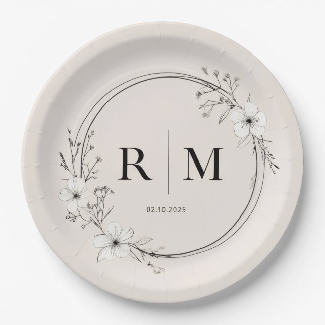 Minimal Floral Monogram Paper Plates Elegant (Front)