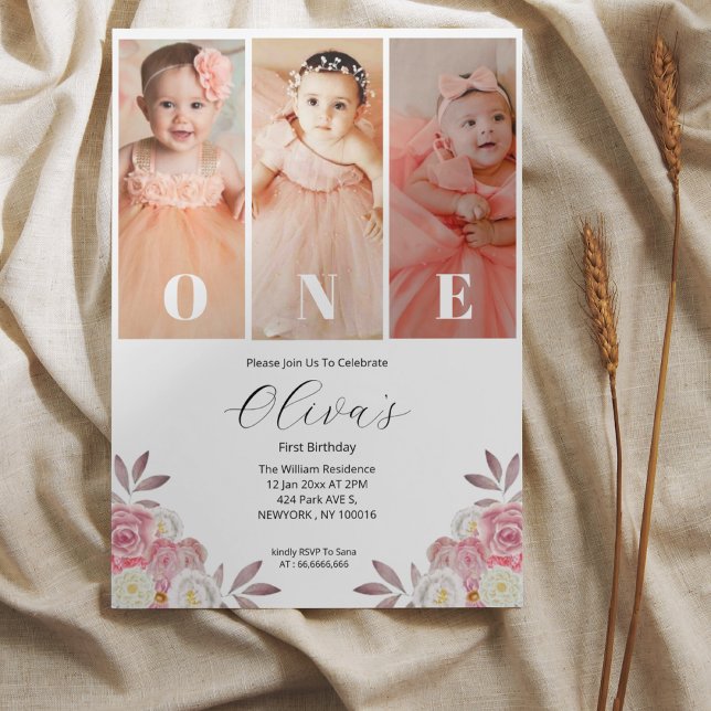 Minimal Floral Photo First Birthday Invitation (Creator Uploaded)