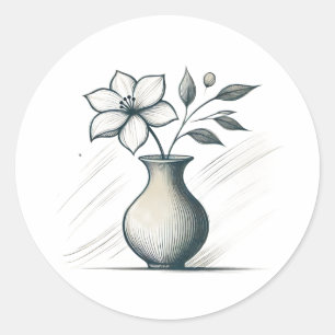 Minimal Floral Vase Line Art Elegant Flower Sketch Classic Round Sticker