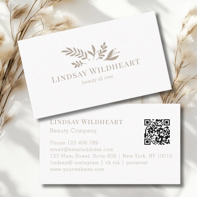 Minimal Floral White Botanical Beauty QR Code Business Card (Minimal Floral White Botanical Beauty QR Code Business Card)
