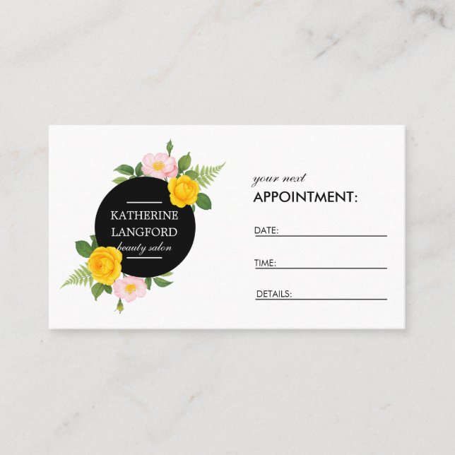 Minimal Floral Wreath Black White Salon Appointment Card (Front)