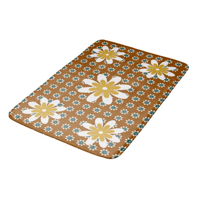 Minimal Flower Retro Earthy Brown Bath Mat (Angled)