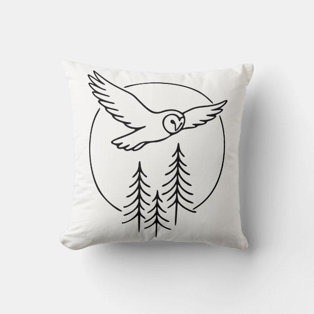 Minimal Flying Owl Over Pines – Forest Line Art Il Cushion (Front)