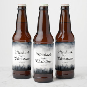Minimal foggy spruce forest nature wedding beer bottle label