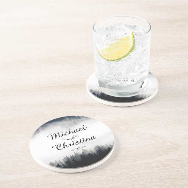Minimal foggy spruce forest nature wedding coaster (Side)