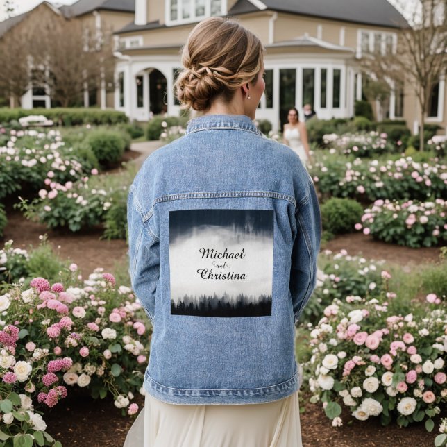 Minimal foggy spruce forest nature wedding denim jacket (Wedding Back)