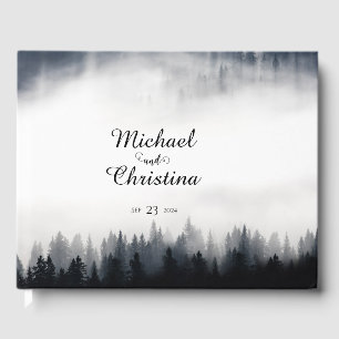 Minimal foggy spruce forest nature wedding guest book