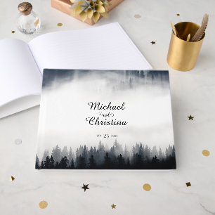 Minimal foggy spruce forest nature wedding guest book