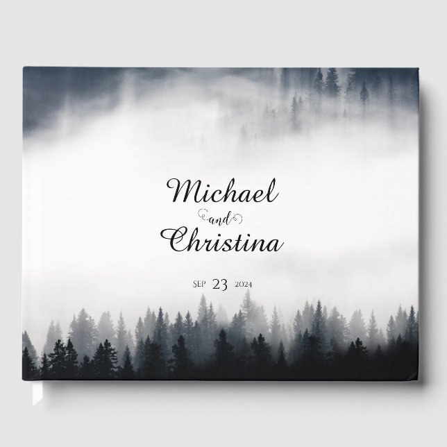 Minimal foggy spruce forest nature wedding guest book (Front)
