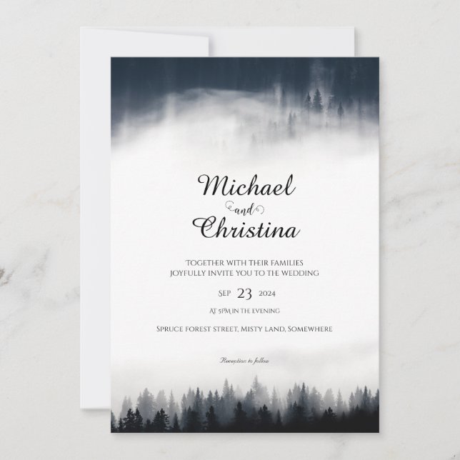 Minimal foggy spruce forest nature wedding invitation (Front)