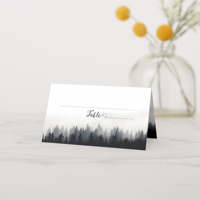 Minimal foggy spruce forest nature wedding place card (Front)